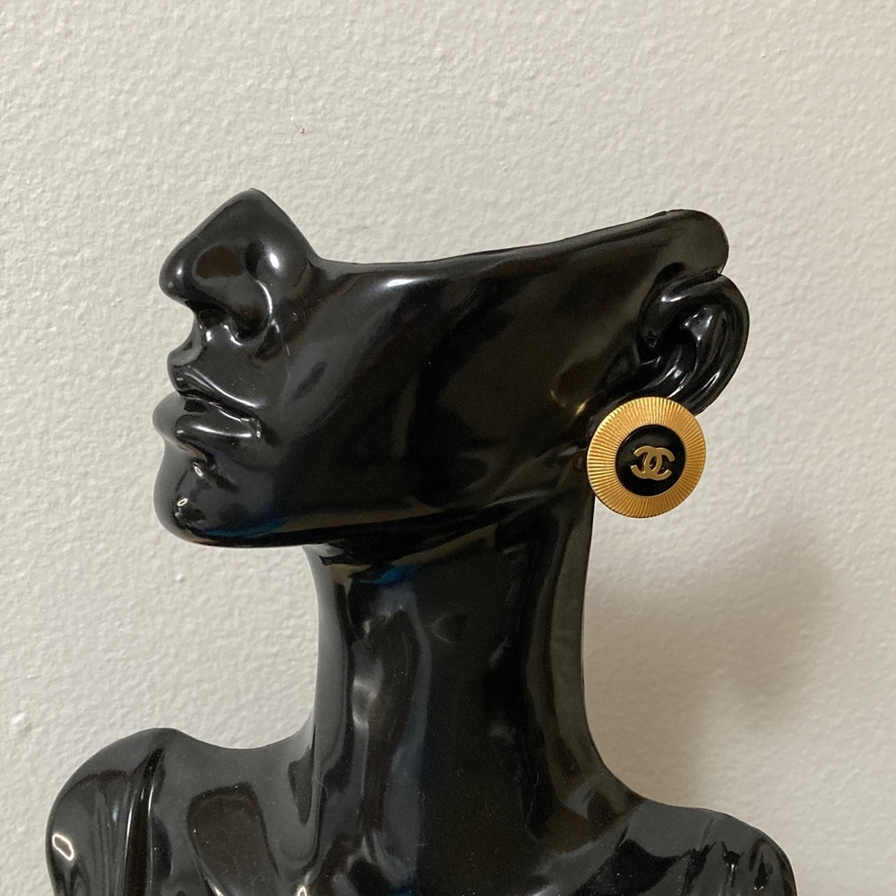 CHANEL Gold and Black Logo Earrings